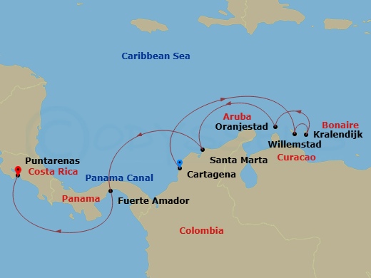 Crystal Serenity - 10 Night - The Americas & Caribbean - Crystal Serenity - Starting in Cartagena CO, Willemstad AN, Kralendijk, Oranjestad, Aruba, Santa Marta, Panama Canal Tra.. itinerary map