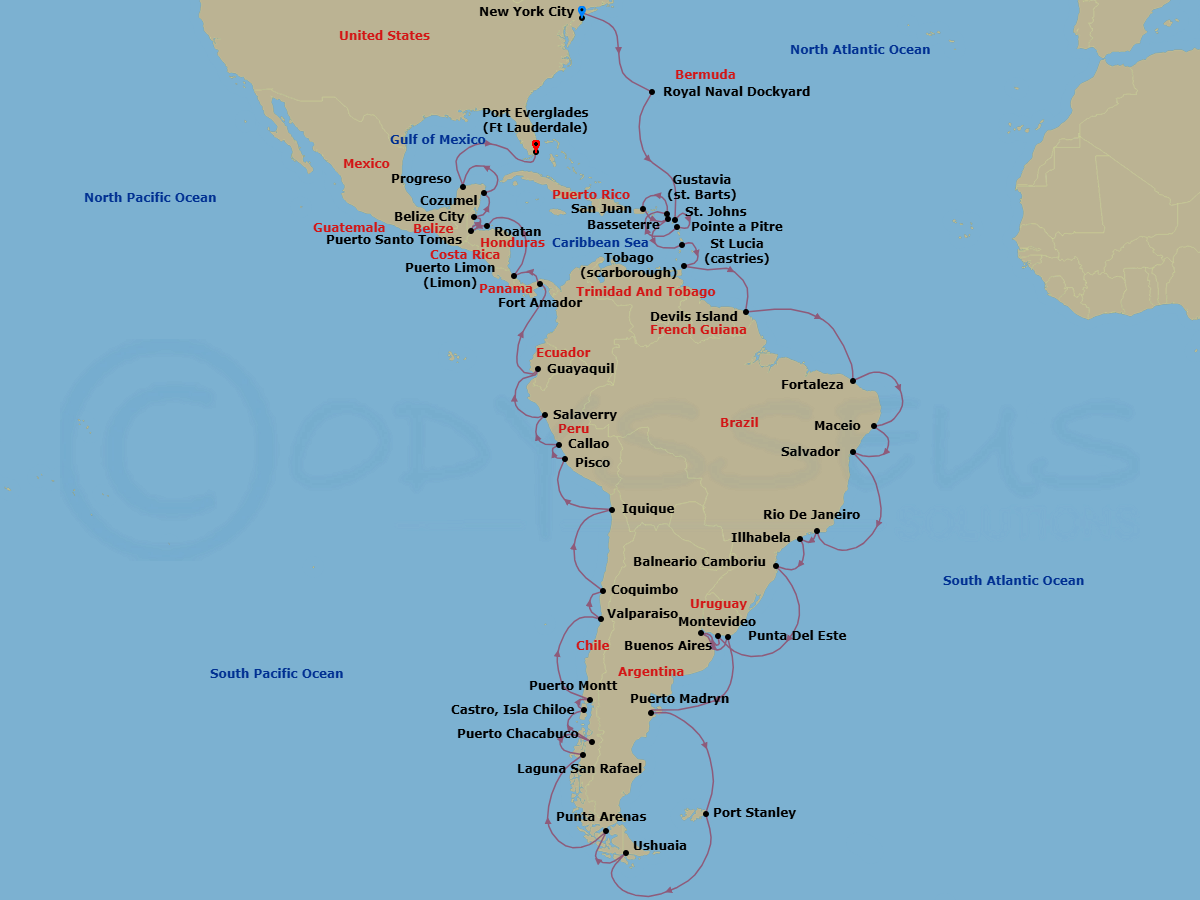 71 Night - South America - Crystal Serenity - Starting in New York, Royal Naval Dockyard, St Johns, Pointe-a-Pitre, French West Indies, Gustavia, St Barthelemy, San Juan, St Kitts (Basseterre), Castries, St Lucia, Scarborough, Iles du Salut (Devils Island), Fortaleza, Maceio, Salvador De Bahia, Rio De Janeiro, Ilhabela, Brazil, Balneario Camboriu, Montevideo, Buenos Aires, Punta Del Este, Puerto Madryn, Port Stanley, Falkland Islands, Ushuaia, Punta Arenas, Cruising the Chilean Fjords, Laguna San Raphael, Puerto Chacabuco, Castro, Puerto Montt, Valparaiso, Coquimbo, Iquique, Pisco, Lima (Callao), Salaverry, Guayaquil, Fuerte Amador (Panama City), Panama Canal Transit, Puerto Limon, Roatan Island, Santo Tomas, Belize City, Cozumel, Quintana Roo, Progreso (Merida), Fort Lauderdale itinerary map