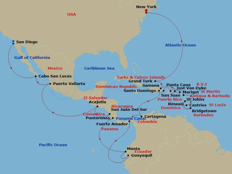 Crystal Symphony - 32 Night - The Americas & Caribbean - Crystal Symphony - Starting in San Diego, California, Ensenada, Cabo San Lucas (Baja California Sur), Puerto Vallarta, A.. itinerary map
