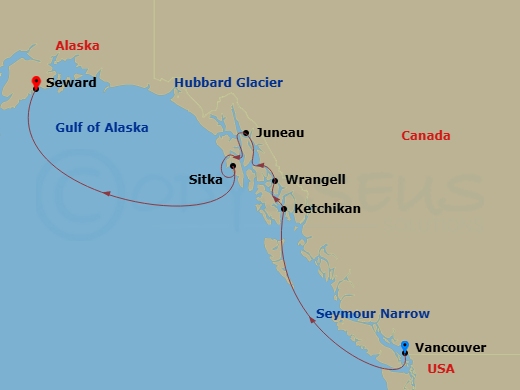 Crystal Symphony - 7 Night - Alaska from Vancouver to Seward - Crystal Symphony - Starting in Vancouver, Seymour Narrows, British Columbia, Ketchikan, Wrangell, Juneau, Alaska,.. itinerary map
