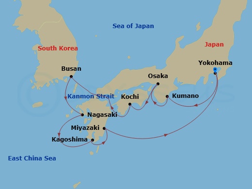 Diamond Princess - 10 Night - Japan Explorer with Kumano Fireworks - Diamond Princess - Starting in Tokyo (Yokohama), Japan, Kumano, Japan, Osaka (for Kyoto), Japan, Kochi, Japa.. itinerary map