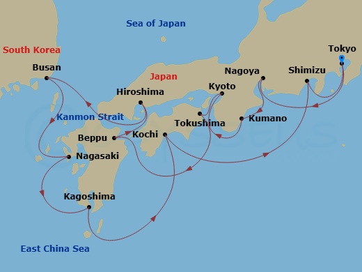 Sapphire Princess - 13 Night - Japan Explorer with Kumano Fireworks - Sapphire Princess - Starting in Tokyo, Japan, Nagoya, Japan, Kumano, Japan, Kobe (for Kyoto), Japan, Tokushi.. itinerary map