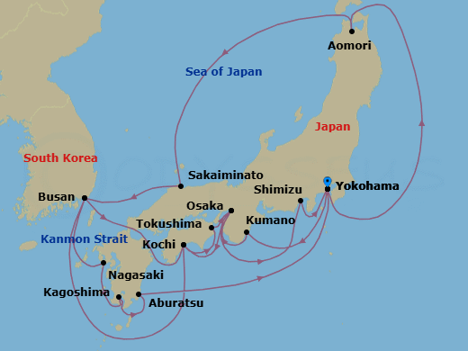 21 Night - Grand Circle Japan with Nebuta & Summer Festivals - Diamond Princess - Starting in Tokyo (Yokohama), Japan, Aomori, Japan, Sakaiminato, Japan, Busan, South Korea, Kochi, Japan, Tokushima, Japan, Osaka (for Kyoto), Japan, Shimizu (for Mount Fuji), Japan, Tokyo (Yokohama), Japan, Kumano, Japan, Osaka (for Kyoto), Japan, Kochi, Japan, Busan, South Korea, Nagasaki, Japan, Kagoshima, Japan, Miyazaki (Aburatsu), Japan, Tokyo (Yokohama), Japan itinerary map