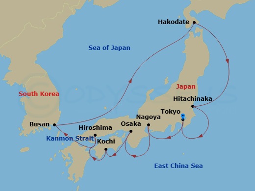 Sapphire Princess - 11 Night - Circle Japan with Hakodate Minato Festival - Sapphire Princess - Starting in Tokyo, Japan, Nagoya, Japan, Osaka (for Kyoto), Japan, Kochi, Japan, H.. itinerary map
