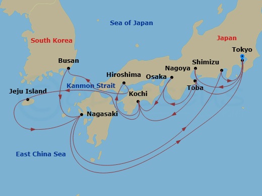 Sapphire Princess - 17 Night - Grand Japan - Sapphire Princess - Starting in Tokyo, Japan, Nagoya, Japan, Osaka (for Kyoto), Japan, Kochi, Japan, Hiroshima, Japan, Kanmon Straits.. itinerary map