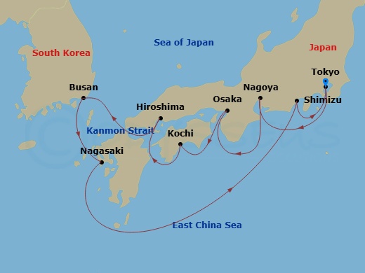 Sapphire Princess - 10 Night - Japan Explorer - Sapphire Princess - Starting in Tokyo, Japan, Nagoya, Japan, Osaka (for Kyoto), Japan, Kochi, Japan, Hiroshima, Japan, Kanmon Stra.. itinerary map