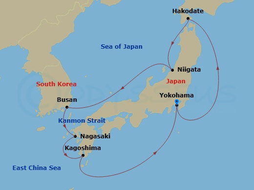 Diamond Princess - 9 Night - Circle Japan - Diamond Princess - Starting in Tokyo (Yokohama), Japan, Hakodate, Japan, Niigata, Japan, Busan, South Korea, Nagasaki, Japan, Kagoshi.. itinerary map
