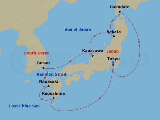 Sapphire Princess - 10 Night - Circle Japan - Sapphire Princess - Starting in Tokyo, Japan, Hakodate, Japan, Sakata, Japan, Kanazawa, Japan, Busan, South Korea, Nagasaki, Japan,.. itinerary map