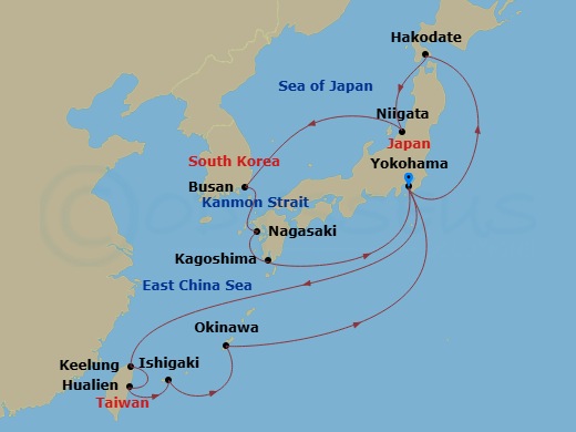 Diamond Princess - 18 Night - Grand Circle Japan with Okinawa & Taiwan - Diamond Princess - Starting in Tokyo (Yokohama), Japan, Taipei (Keelung), Hualien, Taiwan, Ishigaki, Jap.. itinerary map