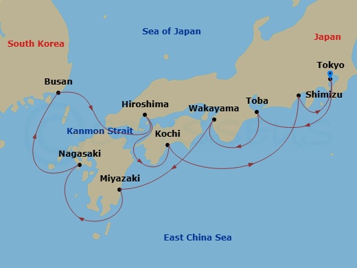 Sapphire Princess - 10 Night - Japan Explorer - Sapphire Princess - Starting in Tokyo, Japan, Toba, Japan, Wakayama, Japan, Miyazaki (Aburatsu), Japan, Nagasaki, Japan, Busan, So.. itinerary map