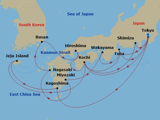 Sapphire Princess - 17 Night - Grand Japan - Sapphire Princess - Starting in Tokyo, Japan, Toba, Japan, Kochi, Japan, Jeju (Seogwipo), South Korea, Kagoshima, Japan, Tokyo, Japan.. itinerary map