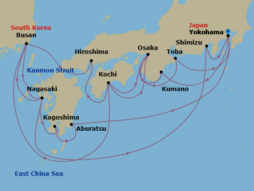 20 Night - Grand Japan with Kumano Fireworks - Diamond Princess - Starting in Tokyo (Yokohama), Japan, Kumano, Japan, Osaka (for Kyoto), Japan, Kochi, Japan, Busan, South Korea, Nagasaki, Japan, Kagoshima, Japan, Miyazaki (Aburatsu), Japan, Tokyo (Yokohama), Japan, Toba, Japan, Osaka (for Kyoto), Japan, Kochi, Japan, Hiroshima, Japan, Kanmon Straits, Japan, Busan, South Korea, Nagasaki, Japan, Shimizu (for Mount Fuji), Japan, Tokyo (Yokohama), Japan itinerary map