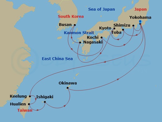 Diamond Princess - 18 Night - Grand Japan with Okinawa & Taiwan - Diamond Princess - Starting in Tokyo (Yokohama), Japan, Toba, Japan, Osaka (for Kyoto), Japan, Nagasaki, Japan,.. itinerary map