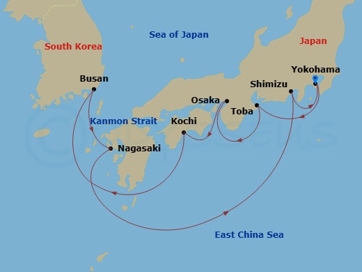 Diamond Princess - 9 Night - Japan Explorer - Diamond Princess - Starting in Tokyo (Yokohama), Japan, Toba, Japan, Osaka (for Kyoto), Japan, Kochi, Japan, Busan, South Korea, Na.. itinerary map