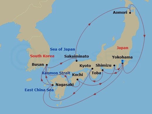 Diamond Princess - 17 Night - Grand Circle Japan - Diamond Princess - Starting in Tokyo (Yokohama), Japan, Nagasaki, Japan, Busan, South Korea, Sakaiminato, Japan, Aomori, Japan.. itinerary map