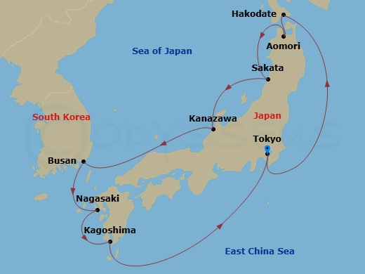 Sapphire Princess - 11 Night - Circle Japan - Sapphire Princess - Starting in Tokyo, Japan, Hakodate, Japan, Aomori, Japan, Sakata, Japan, Kanazawa, Japan, Busan, South Korea, Na.. itinerary map