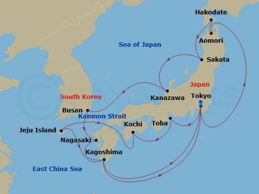 Sapphire Princess - 18 Night - Grand Circle Japan - Sapphire Princess - Starting in Tokyo, Japan, Toba, Japan, Kochi, Japan, Kanmon Straits, Japan, Jeju (Seogwipo), South Korea,.. itinerary map