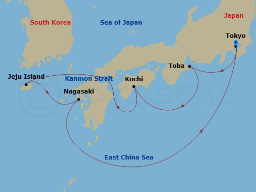 Sapphire Princess - 7 Night - Japan & Korea - Sapphire Princess - Starting in Tokyo, Japan, Toba, Japan, Kochi, Japan, Kanmon Straits, Japan, Jeju (Seogwipo), South Korea, Nagasa.. itinerary map