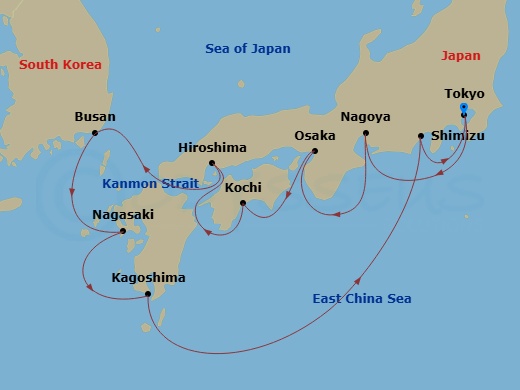 Sapphire Princess - 11 Night - Japan Explorer - Sapphire Princess - Starting in Tokyo, Japan, Nagoya, Japan, Osaka (for Kyoto), Japan, Kochi, Japan, Hiroshima, Japan, Kanmon Stra.. itinerary map