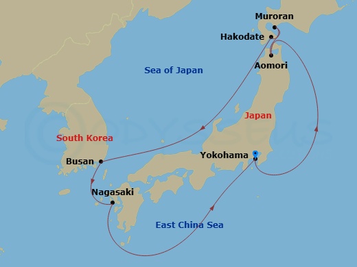 Diamond Princess - 9 Night - Hokkaido Cherry Blossoms - Diamond Princess - Starting in Tokyo (Yokohama), Japan, Aomori, Japan, Muroran, Japan, Hakodate, Japan, Busan, South Kore.. itinerary map