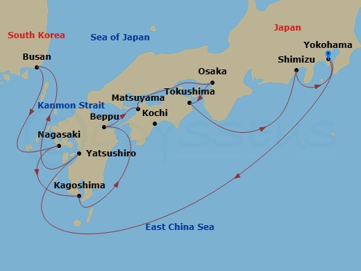 Diamond Princess - 12 Night - Japan Explorer Cherry Blossoms - Diamond Princess - Starting in Tokyo (Yokohama), Japan, Yatsushiro, Japan, Busan, South Korea, Nagasaki, Japan, Ka.. itinerary map