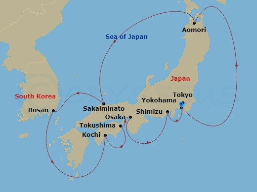 Diamond Princess - 11 Night - Circle Japan with Nebuta & Summer Festivals - Diamond Princess - Starting in Tokyo (Yokohama), Japan, Aomori, Japan, Sakaiminato, Japan, Busan, Sou.. itinerary map