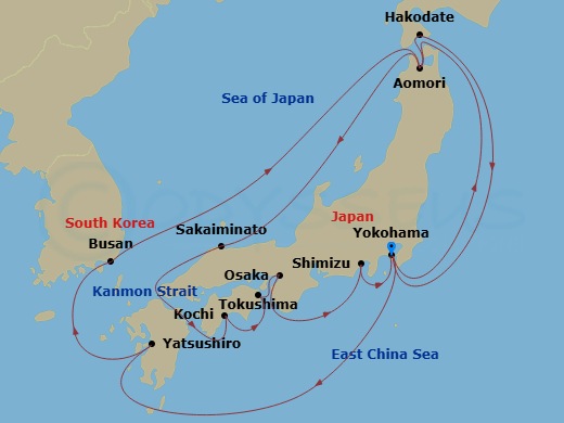 Diamond Princess - 19 Night - Grand Circle Japan with Nebuta & Summer Festivals - Diamond Princess - Starting in Tokyo (Yokohama), Japan, Yatsushiro, Japan, Busan, South Korea,.. itinerary map
