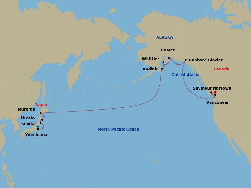 16 Night - Far East to Alaska Fjords - Oceania Riviera - Starting in Tokyo (Yokohama), Sendai, Miyako, Muroran (Hokkaido), International Date Line East, Kodiak, Homer, Anchorage (Whittier), Cruising Hubbard Glacier, Cruising the Seymour Narrows, Vancouver itinerary map