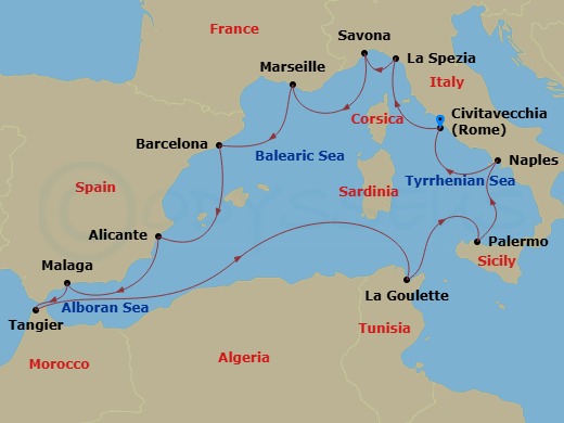 Costa Toscana - 13 Night - Western Mediterranean from Civitavecchia - Costa Toscana - Starting in Civitavecchia, La Spezia, Savona, Marseille, Barcelona, Alicante, Malaga, Ta.. itinerary map