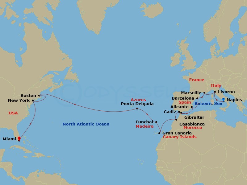 25 Night - Msc Grand Voyages - MSC Meraviglia - Starting in Naples (Pompeii), Italy, Livorno (Florence), Italy, Marseille (Provence), France, Barcelona, Spain, Alicante, Spain, Gibraltar, United Kingdom, Cadiz (Seville), Spain, Casablanca (Marrakesh), Morocco, Las Palmas de Gran Canaria (Canary Islands), Spain, Funchal (Madeira Islands), Portugal, Ponta Delgada (Azores), Portugal, Boston, New York City (Brooklyn), New York, Miami, Florida itinerary map