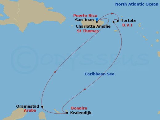 NCL Norwegian Prima - 7 Night - Southern Caribbean - San Juan - NCL Norwegian Prima - Starting in San Juan, Pr, Tortola, British Virgin Islands, St Thomas, Vi, Kralendijk, Netherla.. itinerary map
