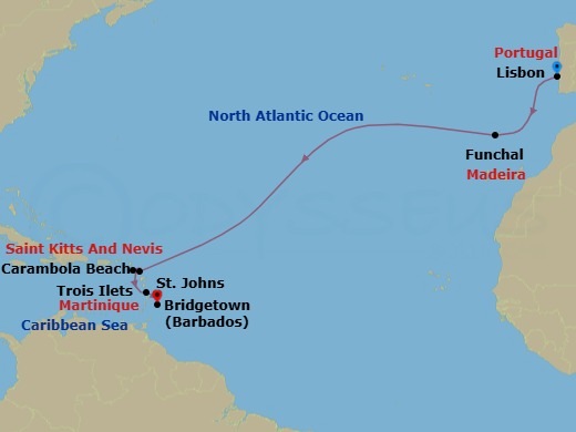 13 Night - Atlantic Crossing - Seabourn Ovation - Starting in Lisbon, Portugal, Funchal (Madeira), Portugal, St Johns AG, Antigua, Carambola Beach, Saint Kitts and Nevis, Trois Ilets, Martinique, Bridgetown, Barbados itinerary map