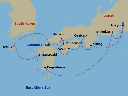 14 Night - Harvest Horizons : Japan's Coastal Charms - Seabourn Encore - Starting in Tokyo, Japan, Shimizu, Japan, Kagoshima, Japan, Nagasaki, Japan, Jeju (Cheju) City, South Korea, Scenic Cruising Kanmon Straits, Hiroshima, Japan, Matsuyama, Japan, Kochi, Japan, Osaka, Japan, Shingu, Japan, Tokyo, Japan itinerary map