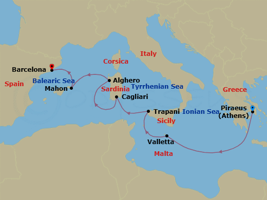 7 Night - Malta, Italy & Spain - Seabourn Ovation - Starting in Piraeus (Athens), Greece, Valletta, Malta, Trapani, Italy, Cagliari, Sardinia, Italy, Alghero, Italy, Mahon, Menorca, Spain, Barcelona, Spain itinerary map
