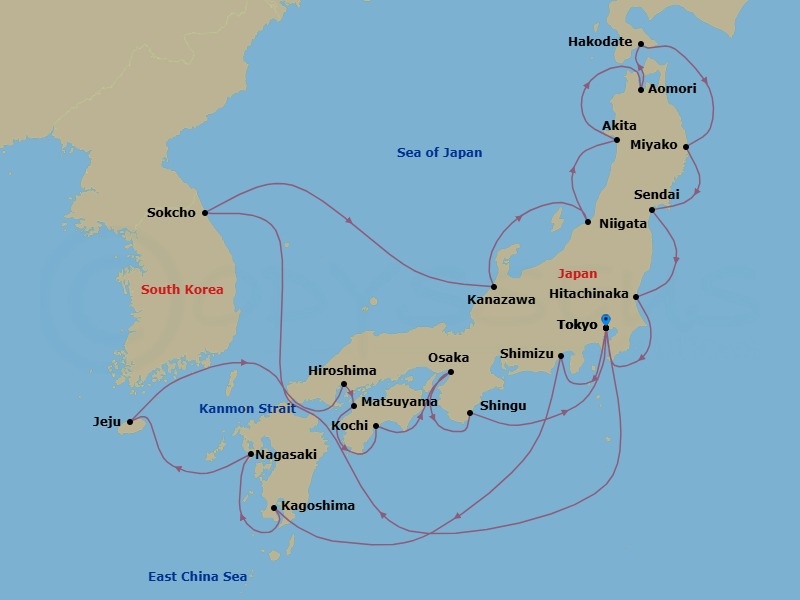 28 Night - Autumn Reverie : Japan's Hidden Gems - Seabourn Encore - Starting in Tokyo, Japan, Scenic Cruising Kanmon Straits, Sokcho, South Korea, Kanazawa, Japan, Niigata, Japan, Akita, Japan, Aomori, Japan, Hakodate, Japan, Miyako, Japan, Sendai, Japan, Hitachinaka, Japan, Tokyo, Japan, Shimizu, Japan, Kagoshima, Japan, Nagasaki, Japan, Jeju (Cheju) City, South Korea, Scenic Cruising Kanmon Straits, Hiroshima, Japan, Matsuyama, Japan, Kochi, Japan, Osaka, Japan, Shingu, Japan, Tokyo, Japan itinerary map