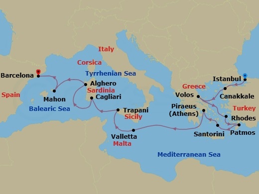 14 Night - Hidden Gems of Turkey, Greece, Malta, Italy & Spain - Seabourn Ovation - Starting in Istanbul, Turkey, Canakkale, Turkey, Volos, Greece, Patmos, Greece, Rhodes, Greece, Santorini, Greece, Piraeus (Athens), Greece, Valletta, Malta, Trapani, Italy, Cagliari, Sardinia, Italy, Alghero, Italy, Mahon, Menorca, Spain, Barcelona, Spain itinerary map