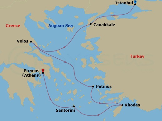 7 Night - Hidden Gems of Turkey & Greece - Seabourn Ovation - Starting in Istanbul, Turkey, Canakkale, Turkey, Volos, Greece, Patmos, Greece, Rhodes, Greece, Santorini, Greece, Piraeus (Athens), Greece itinerary map