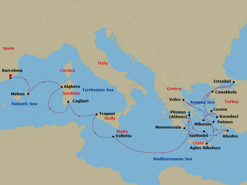 21 Night - Mediterranean Mosaic : Greece, Ephesus, Italy & Spain - Seabourn Ovation - Starting in Piraeus (Athens), Greece, Monemvasia, Greece, Agios Nikolaos, Crete, Greece, Mykonos, Greece, Cesme, Turkey, Kusadasi (Ephesus), Turkey, Istanbul, Turkey, Canakkale, Turkey, Volos, Greece, Patmos, Greece, Rhodes, Greece, Santorini, Greece, Piraeus (Athens), Greece, Valletta, Malta, Trapani, Italy, Cagliari, Sardinia, Italy, Alghero, Italy, Mahon, Menorca, Spain, Barcelona, Spain itinerary map