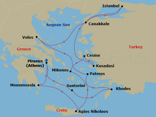14 Night - Greek Isles & Ephesus - Seabourn Ovation - Starting in Piraeus (Athens), Greece, Monemvasia, Greece, Agios Nikolaos, Crete, Greece, Mykonos, Greece, Cesme, Turkey, Kusadasi (Ephesus), Turkey, Istanbul, Turkey, Canakkale, Turkey, Volos, Greece, Patmos, Greece, Rhodes, Greece, Santorini, Greece, Piraeus (Athens), Greece itinerary map