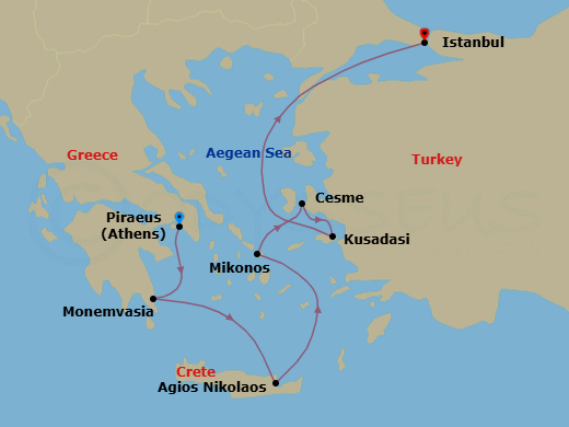 7 Night - Crete, Mykonos & Ephesus - Seabourn Ovation - Starting in Piraeus (Athens), Greece, Monemvasia, Greece, Agios Nikolaos, Crete, Greece, Mykonos, Greece, Cesme, Turkey, Kusadasi (Ephesus), Turkey, Istanbul, Turkey itinerary map