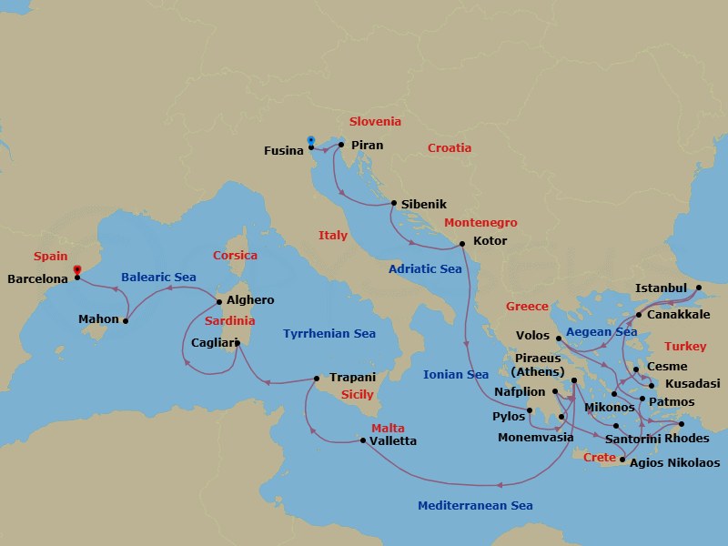 28 Night - Mediterranean Medley : Greece, Ephesus & Spain - Seabourn Ovation - Starting in Fusina (Venice), Italy, Piran, Slovenia, Vodice (Sibenik), Croatia, Kotor, Montenegro, Pylos, Greece, Nafplion, Greece, Piraeus (Athens), Greece, Monemvasia, Greece, Agios Nikolaos, Crete, Greece, Mykonos, Greece, Cesme, Turkey, Kusadasi (Ephesus), Turkey, Istanbul, Turkey, Canakkale, Turkey, Volos, Greece, Patmos, Greece, Rhodes, Greece, Santorini, Greece, Piraeus (Athens), Greece, Valletta, Malta, Trapani, Italy, Cagliari, Sardinia, Italy, Alghero, Italy, Mahon, Menorca, Spain, Barcelona, Spain itinerary map