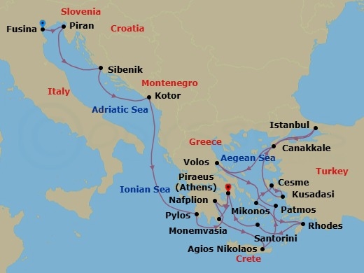 21 Night - Mediterranean Mosaic : Dalmatian Gems, Greece & Turkey - Seabourn Ovation - Starting in Fusina (Venice), Italy, Piran, Slovenia, Vodice (Sibenik), Croatia, Kotor, Montenegro, Pylos, Greece, Nafplion, Greece, Piraeus (Athens), Greece, Monemvasia, Greece, Agios Nikolaos, Crete, Greece, Mykonos, Greece, Cesme, Turkey, Kusadasi (Ephesus), Turkey, Istanbul, Turkey, Canakkale, Turkey, Volos, Greece, Patmos, Greece, Rhodes, Greece, Santorini, Greece, Piraeus (Athens), Greece itinerary map
