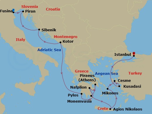 14 Night - Dalmatian Gems, Malta, Italy, Greece & Turkey - Seabourn Ovation - Starting in Fusina (Venice), Italy, Piran, Slovenia, Vodice (Sibenik), Croatia, Kotor, Montenegro, Pylos, Greece, Nafplion, Greece, Piraeus (Athens), Greece, Monemvasia, Greece, Agios Nikolaos, Crete, Greece, Mykonos, Greece, Cesme, Turkey, Kusadasi (Ephesus), Turkey, Istanbul, Turkey itinerary map
