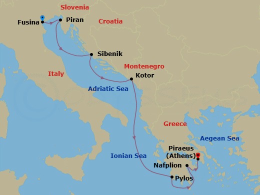 7 Night - Dalmatian Gems, Montenegro & Greece - Seabourn Ovation - Starting in Fusina (Venice), Italy, Piran, Slovenia, Vodice (Sibenik), Croatia, Kotor, Montenegro, Pylos, Greece, Nafplion, Greece, Piraeus (Athens), Greece itinerary map