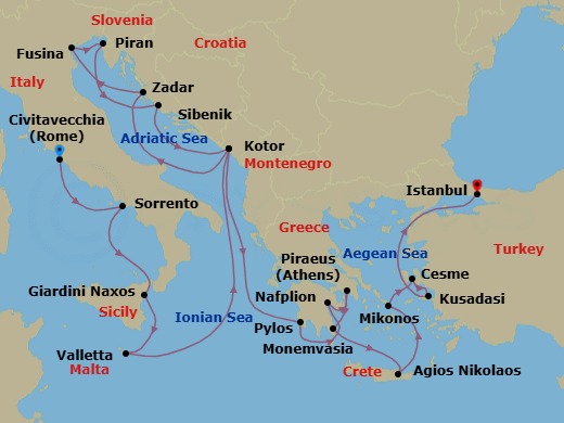 21 Night - Mediterranean Mosaic : Dalmatian Gems, Malta & Ephesus - Seabourn Ovation - Starting in Civitavecchia (Rome), Italy, Sorrento, Italy, Giardini Naxos (Taormina), Italy, Valletta, Malta, Kotor, Montenegro, Zadar, Croatia, Fusina (Venice), Italy, Piran, Slovenia, Vodice (Sibenik), Croatia, Kotor, Montenegro, Pylos, Greece, Nafplion, Greece, Piraeus (Athens), Greece, Monemvasia, Greece, Agios Nikolaos, Crete, Greece, Mykonos, Greece, Cesme, Turkey, Kusadasi (Ephesus), Turkey, Istanbul, Turkey itinerary map