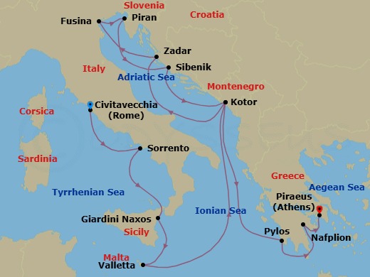 14 Night - Dalmatian Gems, Malta, Italy & Greece - Seabourn Ovation - Starting in Civitavecchia (Rome), Italy, Sorrento, Italy, Giardini Naxos (Taormina), Italy, Valletta, Malta, Kotor, Montenegro, Zadar, Croatia, Fusina (Venice), Italy, Piran, Slovenia, Vodice (Sibenik), Croatia, Kotor, Montenegro, Pylos, Greece, Nafplion, Greece, Piraeus (Athens), Greece itinerary map