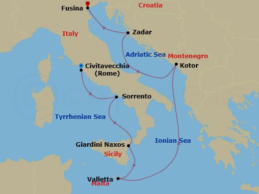 7 Night - Croatia, Malta & Italy - Seabourn Ovation - Starting in Civitavecchia (Rome), Italy, Sorrento, Italy, Giardini Naxos (Taormina), Italy, Valletta, Malta, Kotor, Montenegro, Zadar, Croatia, Fusina (Venice), Italy itinerary map