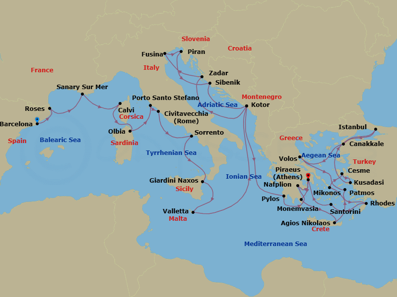 35 Night - Ultimate Mediterranean : from Spain to Turkey - Seabourn Ovation - Starting in Barcelona, Spain, Rosas (Roses), Spain, Sanary-sur-Mer, France, Calvi, Corsica, France, Olbia, Sardinia, Italy, Porto Santo Stefano, Italy, Civitavecchia (Rome), Italy, Sorrento, Italy, Giardini Naxos (Taormina), Italy, Valletta, Malta, Kotor, Montenegro, Zadar, Croatia, Fusina (Venice), Italy, Piran, Slovenia, Vodice (Sibenik), Croatia, Kotor, Montenegro, Pylos, Greece, Nafplion, Greece, Piraeus (Athens), Greece, Monemvasia, Greece, Agios Nikolaos, Crete, Greece, Mykonos, Greece, Cesme, Turkey, Kusadasi (Ephesus), Turkey, Istanbul, Turkey, Canakkale, Turkey, Volos, Greece, Patmos, Greece, Rhodes, Greece, Santorini, Greece, Piraeus (Athens), Greece itinerary map