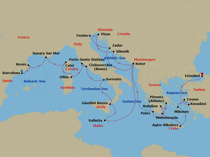 28 Night - Mediterranean Medley : Spain, France & Ephesus - Seabourn Ovation - Starting in Barcelona, Spain, Rosas (Roses), Spain, Sanary-sur-Mer, France, Calvi, Corsica, France, Olbia, Sardinia, Italy, Porto Santo Stefano, Italy, Civitavecchia (Rome), Italy, Sorrento, Italy, Giardini Naxos (Taormina), Italy, Valletta, Malta, Kotor, Montenegro, Zadar, Croatia, Fusina (Venice), Italy, Piran, Slovenia, Vodice (Sibenik), Croatia, Kotor, Montenegro, Pylos, Greece, Nafplion, Greece, Piraeus (Athens), Greece, Monemvasia, Greece, Agios Nikolaos, Crete, Greece, Mykonos, Greece, Cesme, Turkey, Kusadasi (Ephesus), Turkey, Istanbul, Turkey itinerary map