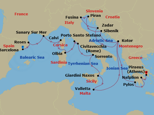 21 Night - Mediterranean Mosaic : Spain, France, Italy & Greece - Seabourn Ovation - Starting in Barcelona, Spain, Rosas (Roses), Spain, Sanary-sur-Mer, France, Calvi, Corsica, France, Olbia, Sardinia, Italy, Porto Santo Stefano, Italy, Civitavecchia (Rome), Italy, Sorrento, Italy, Giardini Naxos (Taormina), Italy, Valletta, Malta, Kotor, Montenegro, Zadar, Croatia, Fusina (Venice), Italy, Piran, Slovenia, Vodice (Sibenik), Croatia, Kotor, Montenegro, Pylos, Greece, Nafplion, Greece, Piraeus (Athens), Greece itinerary map